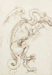 A standing dragon in profile to the right