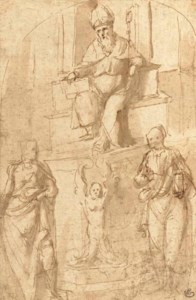 A bishop seated on a throne, with two standing figures