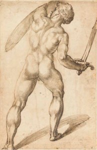 A nude seen from behind holding a sword and a shield