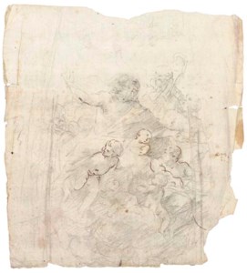 The apotheosis of a bearded prophet attended by a bishop and another figure: Design for a section from a dome