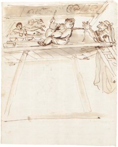 A caricature of Pier Francesco Mola interrupting Giovanni Battista Passeri painting a ceiling decoration of a reclining Venus