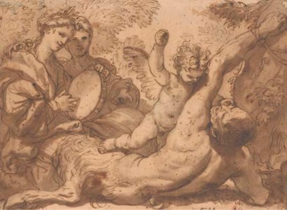 A putto striking a satyr bound to a tree, two women playing a tambourine on the left