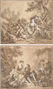 A pair of shepherds resting by a tree; and A pair of shepherds resting by a fountain