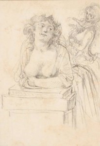 A bare-breasted woman leaning over a pedestal, another woman in the background