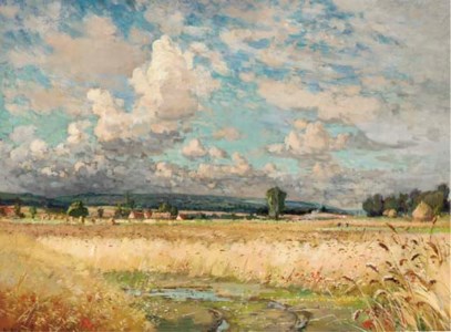 A village in a sunlit landscape