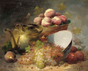 Still Life with grapes, peaches and a brass kettle