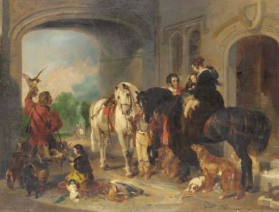 Queen Victoria and Prince Albert with children and attendants setting off for the hunt