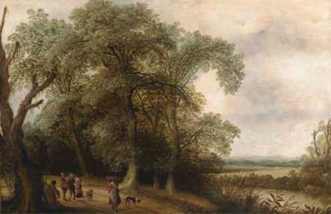 A wooded river landscape with figures on a track