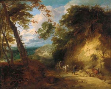 A wooded landscape with travellers on a path