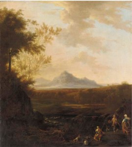 An extensive river landscape with a goatherd playing a pipe and two peasants dancing