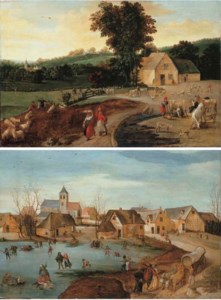 Summer: a landscape with peasants, cattle and sheep; and Winter: a village scene with skaters on a frozen lake