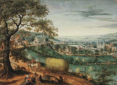 An extensive river landscape with peasants haymaking, a view of Arenberg Castle beyond