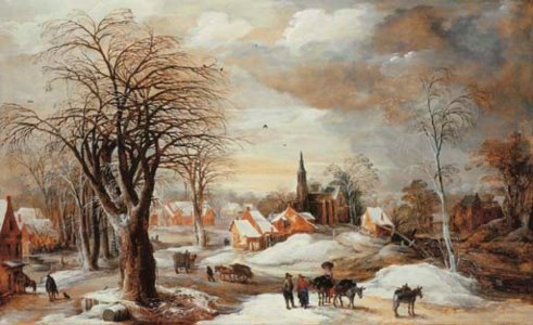 A winter landscape with a muleteer and villagers conversing by his train, travellers by a house and faggot-gatherers with their wagons on a path, a village by a river beyond