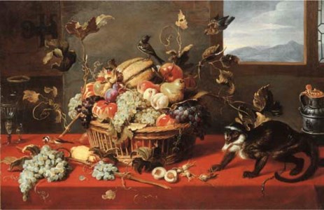 A melon, grapes, apples, pears, peaches and other fruit in a basket, with two façon-de-Venise wineglasses, a pewter jug and a Diana monkey on a draped table by a window