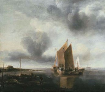 Two smalschips and other shipping off a sandbank in a calm
