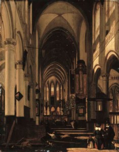 The interior of a church with two gentlemen conversing in the foreground