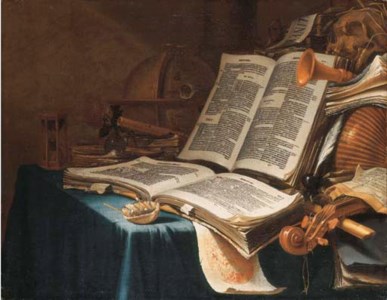 A vanitas still life with a globe, a hourglass, a rose, a skull, musical instruments, papers and books on a draped table