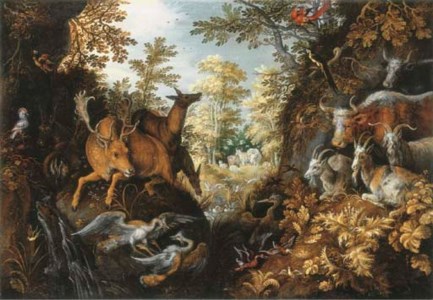 A stag, deers, herons, goats, parrots and other animals in a forest