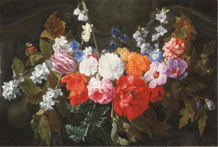 A garland of roses, a peony, a tulip, carnations, gentians and other flowers with a bumble bee and a butterfly