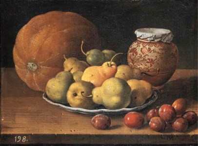 Luis Meléndez, Pears on a plate, a melon, plums, and a decorated Manises jar with plums on a wooden ledge