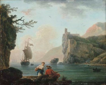 A rocky coastal landscape with a fisherman talking to a peasant girl
