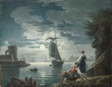 A rocky harbour by moonlight with a peasant couple conversing in the foreground