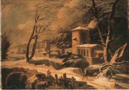 A mountainous winter landscape with peasants by farmhouses
