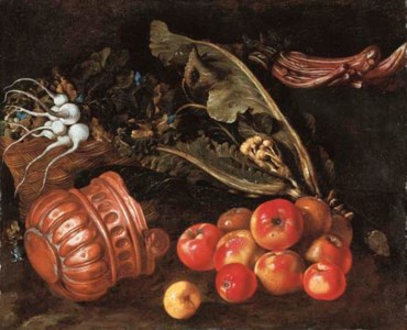 Turnips in a basket with cauliflower, cardoon, apples and a copper pot on a ledge