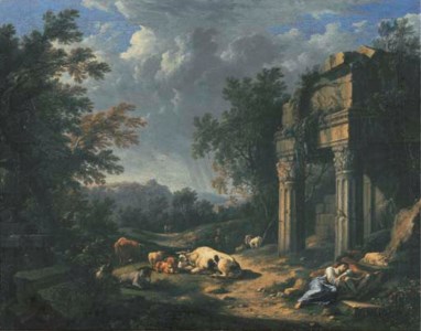 A wooded landscape with travellers resting amongst classical ruins