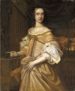 Portrait of Lady Catherine Dormer, three-quarter-length, in a pink dress with jewels and a pearl necklace, by a column, with a torch and an urn on a ledge, in a wooded landscape