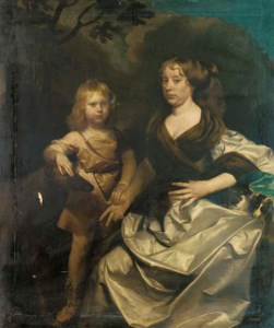 Double portrait of a lady and her son, full-length, the lady seated, in a silver dress with a brown wrap, the boy in an orange tunic, his right hand resting on the head of a hound, in a landscape