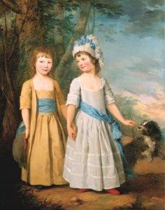 Double portrait of Elizabeth and Thomas Trower in a landscape, full-length with a dog, he in light brown robes, she in a white dress and hat with a blue ribbon