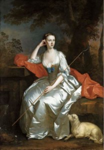 Portrait of Lady Jane Douglas, full-length, as a shepherdess seated in a landscape