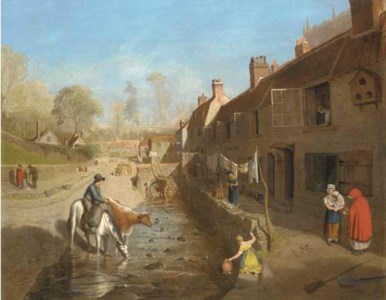 Figures by a village stream with figures by terraced houses