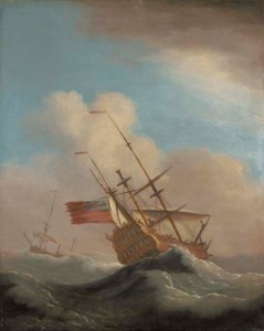 Man-o'-War in a swell, with another ship beyond