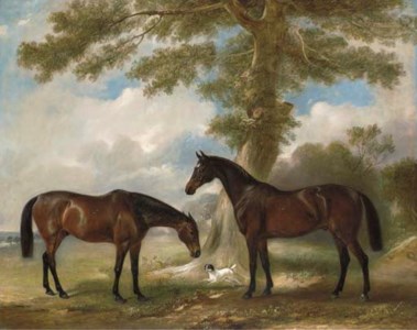 Two bay mares with a terrier by a tree, in a landscape