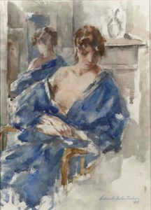 A lady in a blue kimono