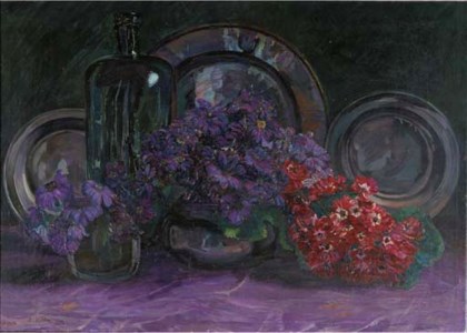 A still life with anemones, a bottle and pewter plates