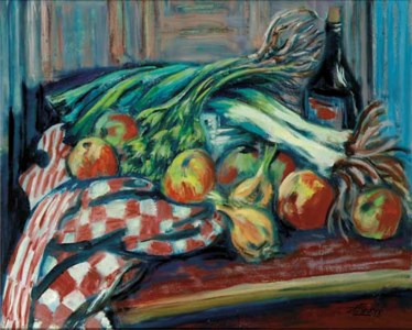 A still life with apples, vegetables and a bottle of wine