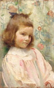 Portrait of a young girl, half-length, in a pink dress