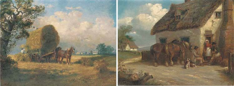 Outside the village inn; and Haymaking