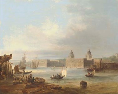 The Royal Naval College, Greenwich, from the Thames, the Royal Observatory beyond