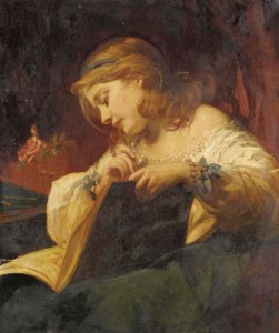 Portrait of a girl, three-quarter length, reading a book