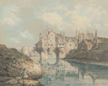 Elvet bridge, Durham, with a washerwoman in the foreground