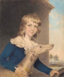 Portrait of Master Twisden, three-quarter-length, in a blue coat, with a white collar, beside a whippet, holding a hat, a landscape beyond