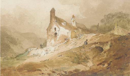 A figure on a bridge below cottages, Wales