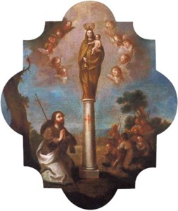 Apostol Santiago adorando a la Virgen con el Niño en la columna, sobre un fondo de paisaje con una ciudad y un grupo de peregrinos