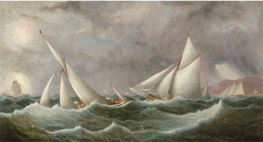 Latona and Florinda on opposite tacks with Enchantress off St. Catherine's Point in the Ryde Regatta's Commodore's Cup Race of August 1881