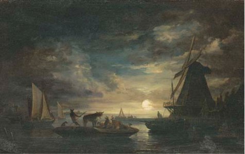 Cattle on a barge in a moonlit landscape; and Cattle and sheep in a moonlit estuary landscape