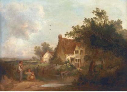 Figures by a cottage